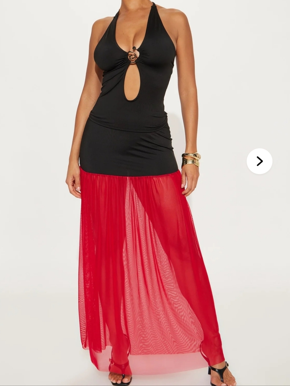 Fashion Nova Black Halter Top with Red Sheer Maxi Skirt